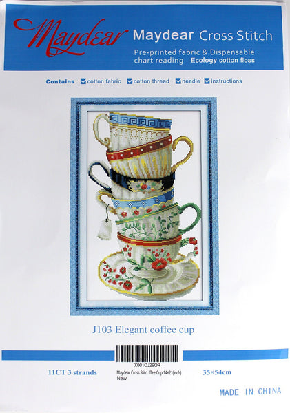 Stamped Cross Stitch Kit, Colorful Stacked Teacups, Embroidery Patterns J103 - The Vintage TeacupCross Stitch Kits