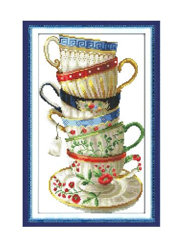 Stamped Cross Stitch Kit, Colorful Stacked Teacups, Embroidery Patterns J103 - The Vintage TeacupCross Stitch Kits
