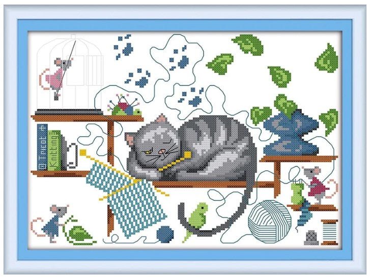 Stamped Cross Stitch Kit, Knitting Cat, Embroidery Patterns C605
