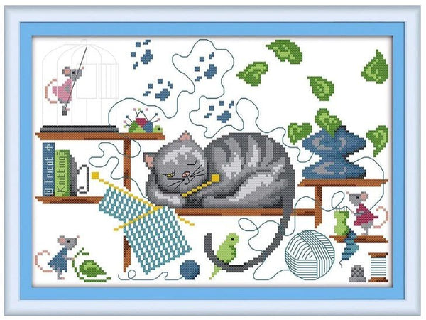 Stamped Cross Stitch Kit, Knitting Cat, Embroidery Patterns C605 - The Vintage TeacupCross Stitch Kits