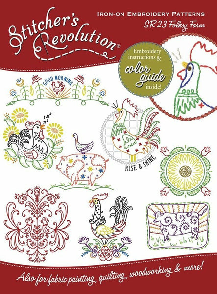 Stitcher's Revolution, SR23, Folksy Farm, NEW Transfer Pattern, Hot Iron Transfers, Rooster Embroidery - The Vintage TeacupHot Iron Transfers