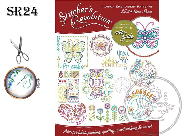 Stitcher's Revolution, SR24, Flower Power, NEW Transfer Pattern, Hot Iron Transfers, Hippie Embroidery - The Vintage TeacupNeedlecraft Patterns