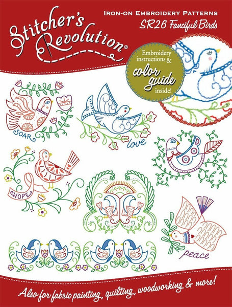 Stitcher's Revolution, SR26, Fanciful Birds, NEW Transfer Pattern, Hot Iron Transfers, Bird Embroidery - The Vintage TeacupHot Iron Transfers