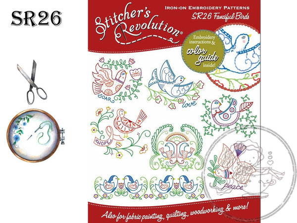 Stitcher's Revolution, SR26, Fanciful Birds, NEW Transfer Pattern, Hot Iron Transfers, Bird Embroidery - The Vintage TeacupHot Iron Transfers