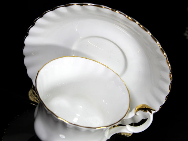 Striking, Royal Albert Val D'or Tea Cup and Saucer, Crisp White Teacup, England -K - The Vintage TeacupTeacups