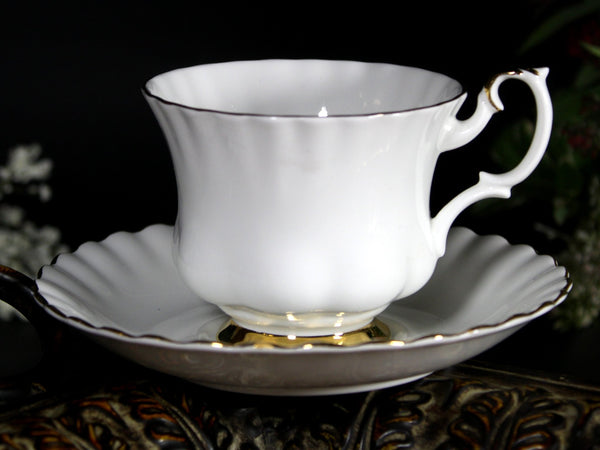 Striking, Royal Albert Val D'or Tea Cup and Saucer, Crisp White Teacup, England -K - The Vintage TeacupTeacups