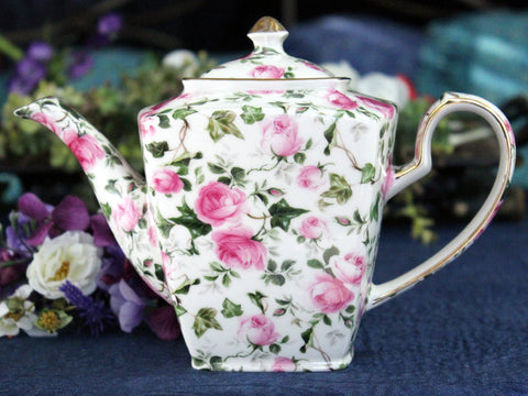 Tall Chintz Teapot, Arthur Wood Tea Pot, Large 4 Cup Capacity, Dreamy Roses 17424 - The Vintage TeacupTeapots