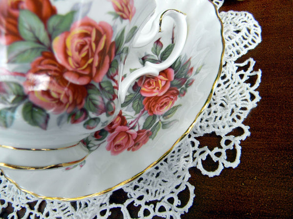 Teacup and Saucer, Centennial Rose England, Royal Albert, Montrose, Footed Tea Cup 15127 - The Vintage TeacupTeacups