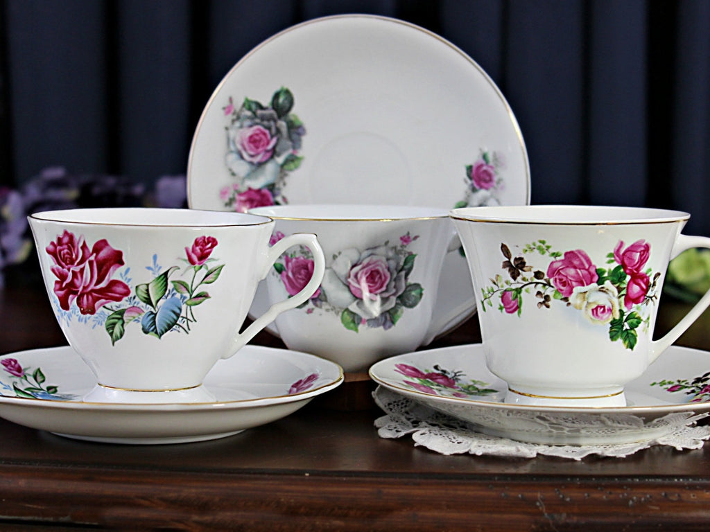 Three Chinese Cup & Saucer Sets, Antique White with Pink Roses 18160 - The Vintage TeacupTeacups