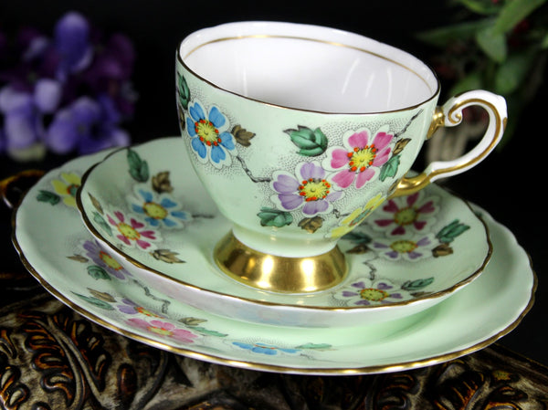 Tuscan Tea Cup Trio, Minty Green, Hand Painted Teacup, Saucer & Side Plate 18118 - The Vintage TeacupTeacups