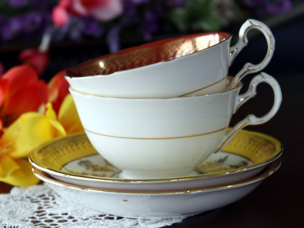 Two Royal Grafton Teacups, Wide Mouth, Gilt Overlay, Vintage Cup and Saucers 16820 - The Vintage TeacupTeacups