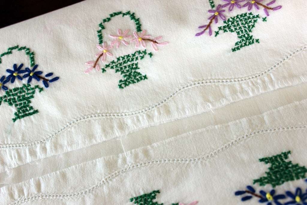 UNFINISHED Embroidered Pillowcases, Vintage Pillow Case Set, White Cotton, Unhemmed, Uncut to Size 16778 - The Vintage TeacupVintage Pillowcases