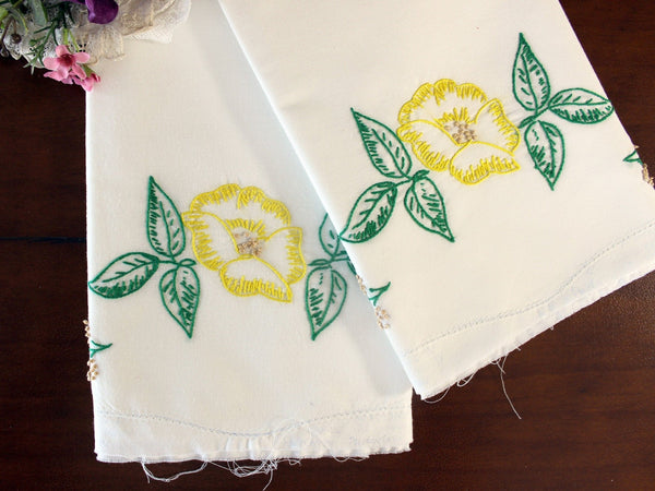 Unhemmed Embroidered Pillowcases, Vintage Pillow Case Pair, Yellow Crocheted on Unfinished Pillowcase Set 16524 - The Vintage TeacupVintage Pillowcases