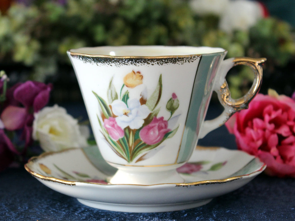 Unmarked Japanese Tea Cup, Pearlized Teacup & Saucer, Floral Panels 17456 - The Vintage TeacupTeacups