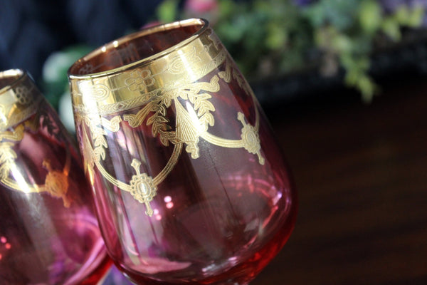 Vintage Iridescent Cranberry Glass Goblets, Gilt Overlay, Sold in Pairs 17632 - The Vintage TeacupAntique & Vintage