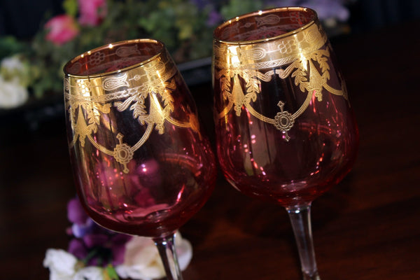 Vintage Iridescent Cranberry Glass Goblets, Gilt Overlay, Sold in Pairs 17632 - The Vintage TeacupAntique & Vintage