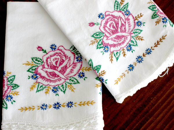 Vintage Pillowcases, 2 Pillow Cases, White Cotton Pillow Slips, Embroidered Roses 15271 - The Vintage TeacupVintage Pillowcases