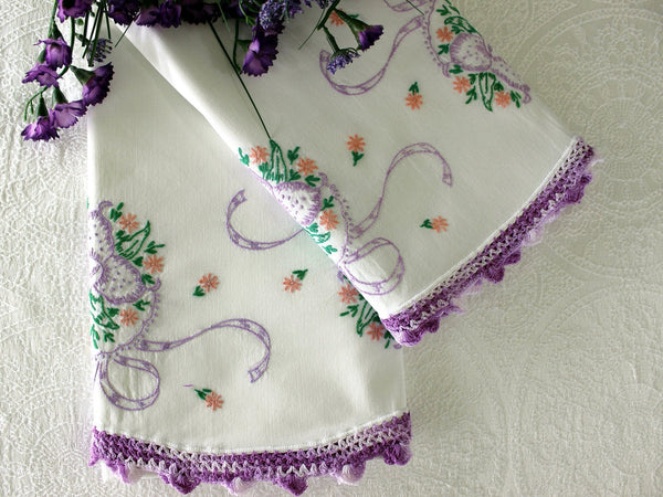 Vintage Pillowcases, Pillow Cases, White Cotton Pillow Slips, Embroidered & Crocheted 16932 - The Vintage TeacupVintage Pillowcases
