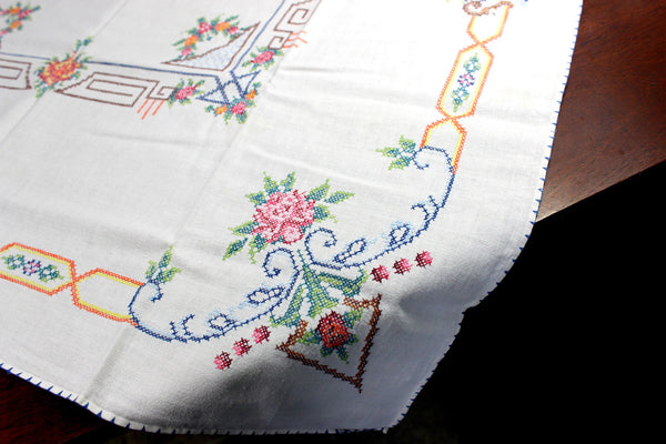 Vintage Tablecloth, Cross Stitched, Small Linen Table Cloth, 12347 - The Vintage TeacupTablecloth