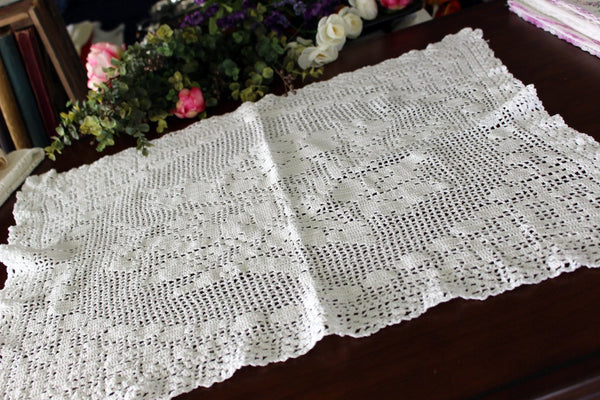 White Crochet Centerpiece, Large Filet Crocheted Doily - Hand Made Table Topper, Larger Doilies 17212 - The Vintage TeacupDoilies