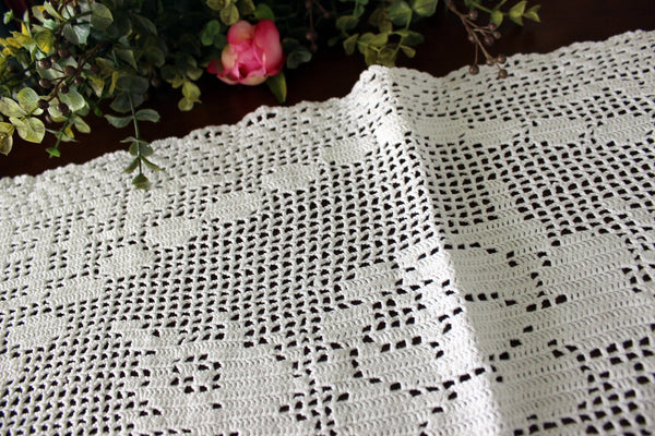 White Crochet Centerpiece, Large Filet Crocheted Doily - Hand Made Table Topper, Larger Doilies 17212 - The Vintage TeacupDoilies